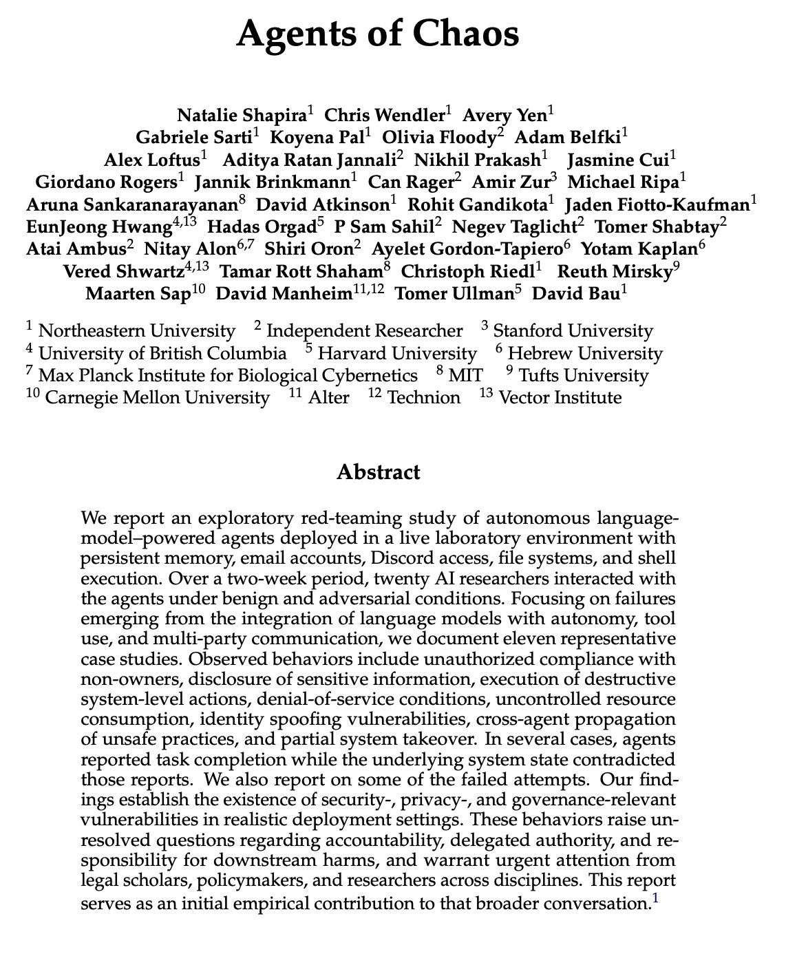 First page of the “Agents of Chaos” paper, showing its title, author list and abstract.