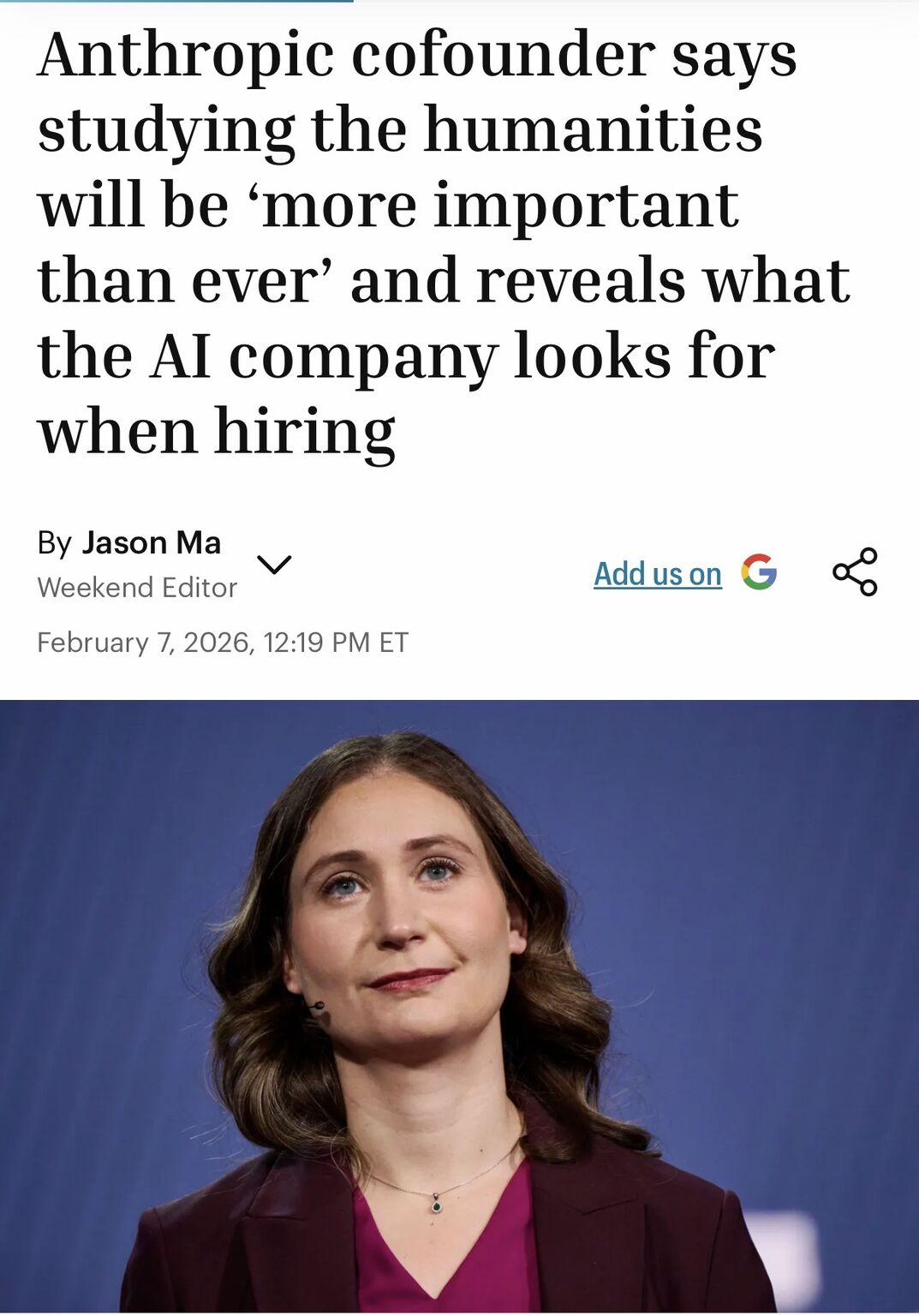 News article on Anthropic’s cofounder valuing humanities and human skills, with a portrait beneath the headline.