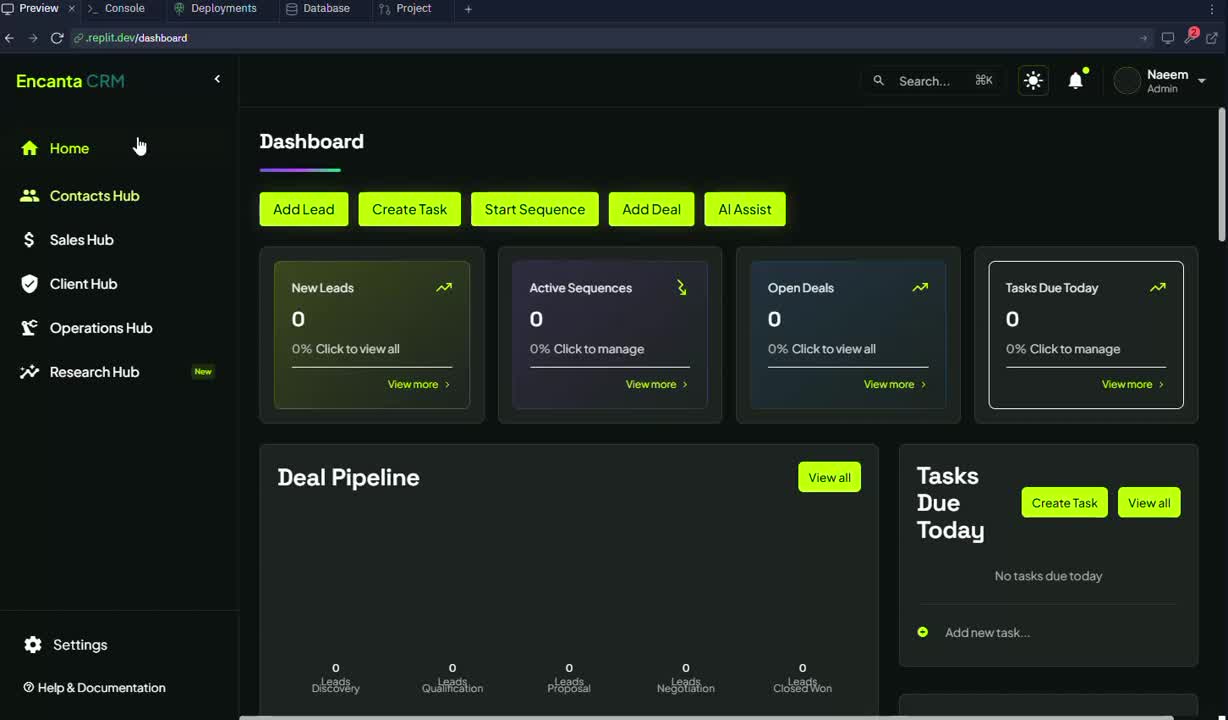 Video cover showing my CRM prototype: a dark dashboard with lime controls, summary cards and task panels.