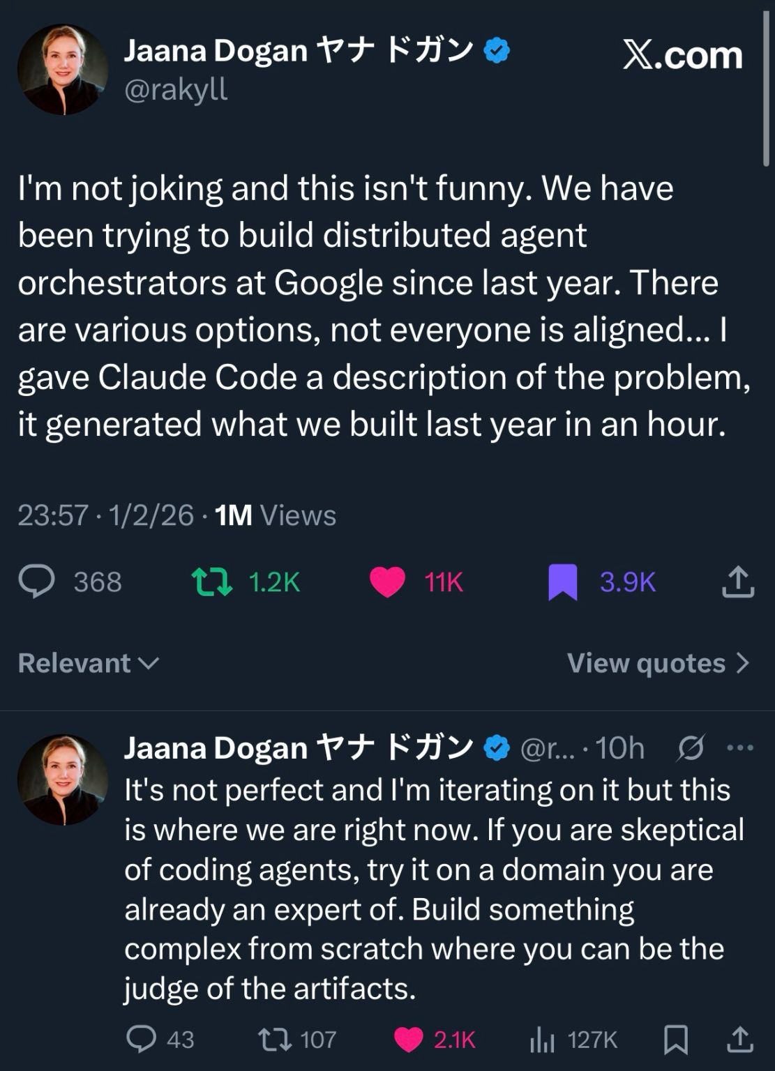 Screenshot of Jaana Dogan’s X posts about Claude Code building an agent orchestrator and testing coding agents in a domain you know.